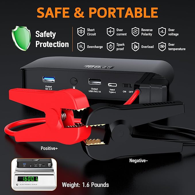 BOOKOO Car Battery Jump Starter 4000A,16000mAh Portable Battery Jumper Cables for Car 8L Gas 7L Diesel Engines,Jump Box with