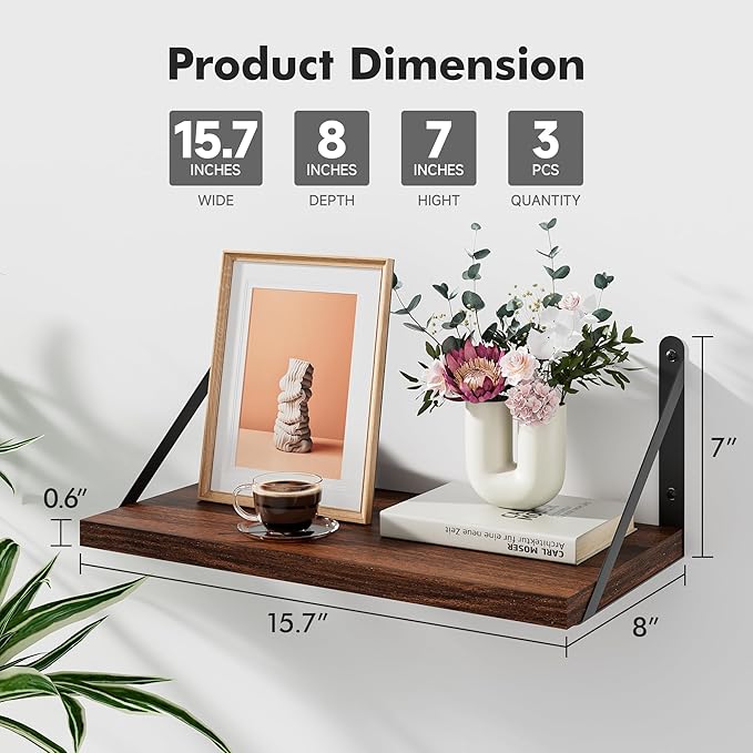 Floating Shelves for Wall, 15.7W x 8D Wide Bookshelf with Brackets Set of 3, Wood Wall Mounted Shelves for Living Room, Kitch