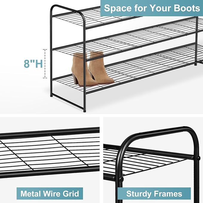 AOODA Long 3 Tier Metal Shoe Rack for Closet Wide Stackable Shoe Storage Organizer for Entryway, Bedroom, Floor, 24-Pairs Men