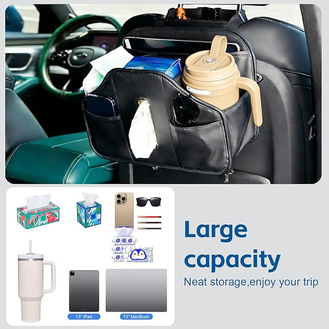Multifunctional Car Tissue Holder,Back Seat Organizer with Cup Holder,PU Leather Car Headrest Seat Back Storage,Snack Organizers for Kids,Large Tissue Box Cover Fit Kleenex Tissues(50-230ct),2pack
