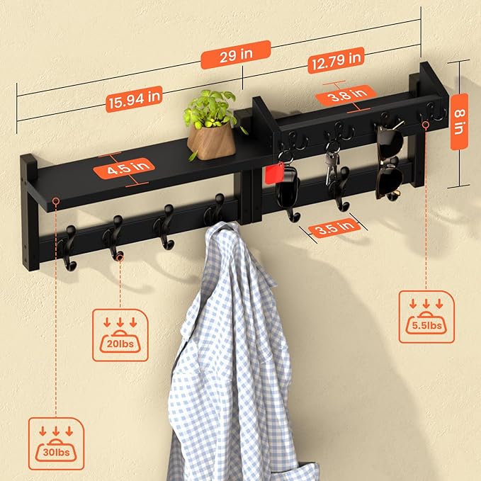 29'' Black Coat Rack Wall Mount with Shelf, Solid Wood Coat and Key Hanger with 11 Metal Hooks, Farmhouse Wall Organizer for 