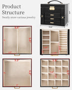 TORIBIO Jewelry Box for Women, Leather Jewelry Organizer with Mirror & Lock, 4-Tier Jewelry Storage Organizer with 3 Drawers 