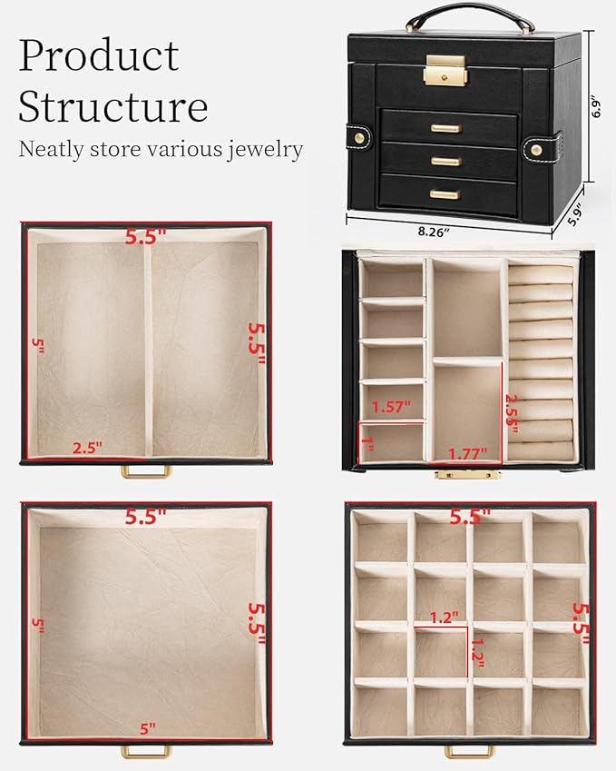 TORIBIO Jewelry Box for Women, Leather Jewelry Organizer with Mirror & Lock, 4-Tier Jewelry Storage Organizer with 3 Drawers 
