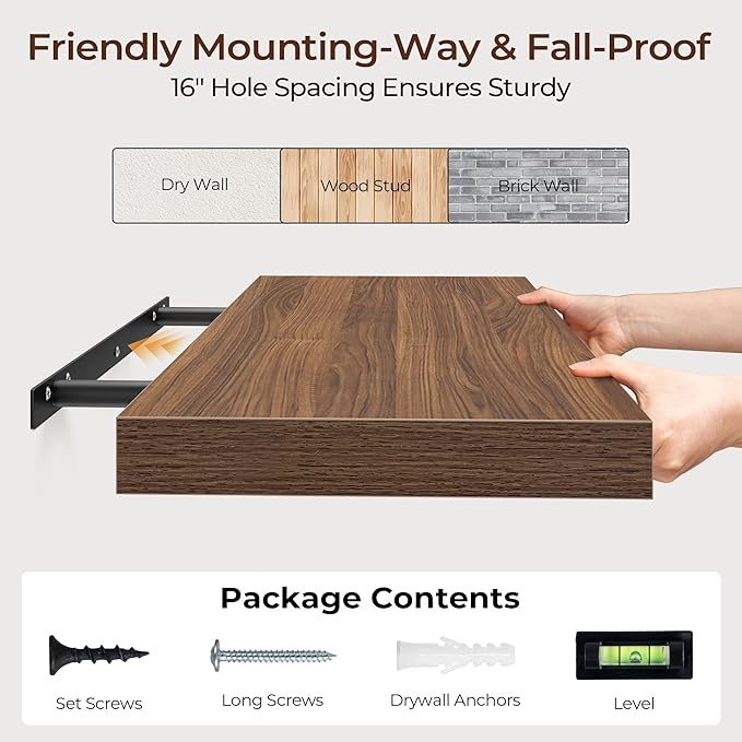 Fun Memories Floating Shelves for Wall 16 Inch Set of 3, Farmhouse Floating Shelves with Invisible Heavy Duty Bracket, 10 Inc