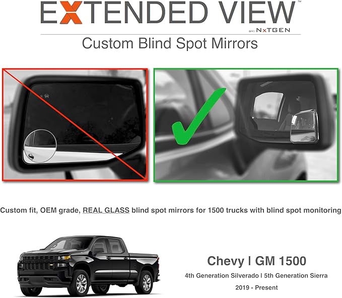 Custom GMC Sierra Blind Spot Mirrors - Compatible With 5th Gen Factory Mirrors With BSM | NXTGEN Extended View (2 Pack)