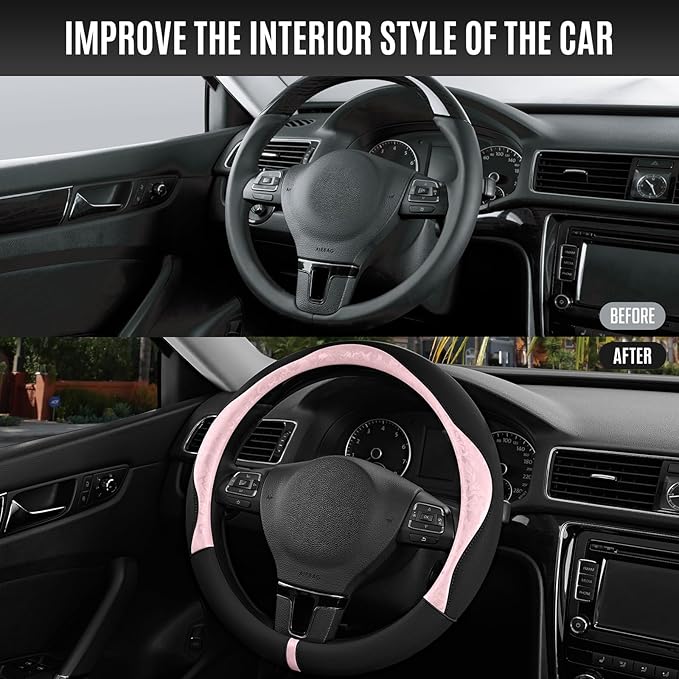 PIC AUTO Steering Wheel Cover, Pink Patterned & Black Leather Patchwork Design, Universal Fit 14.5"–15.5", Anti-Slip, Odor-Fr