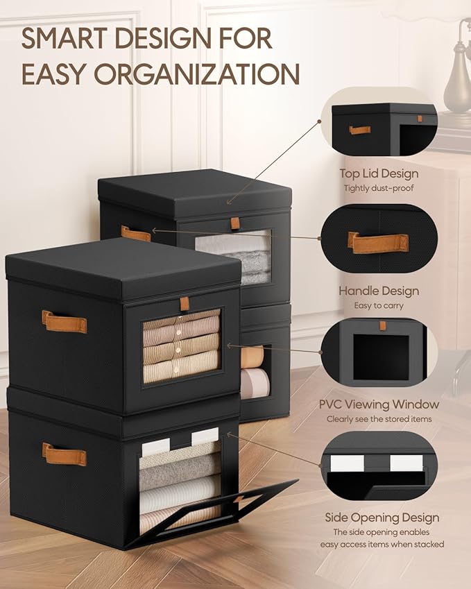 Homsorout Storage Bins with Lid – Closet Organizer with Side Opening and Clear Window, Foldable Stackable Fabric Basket for C