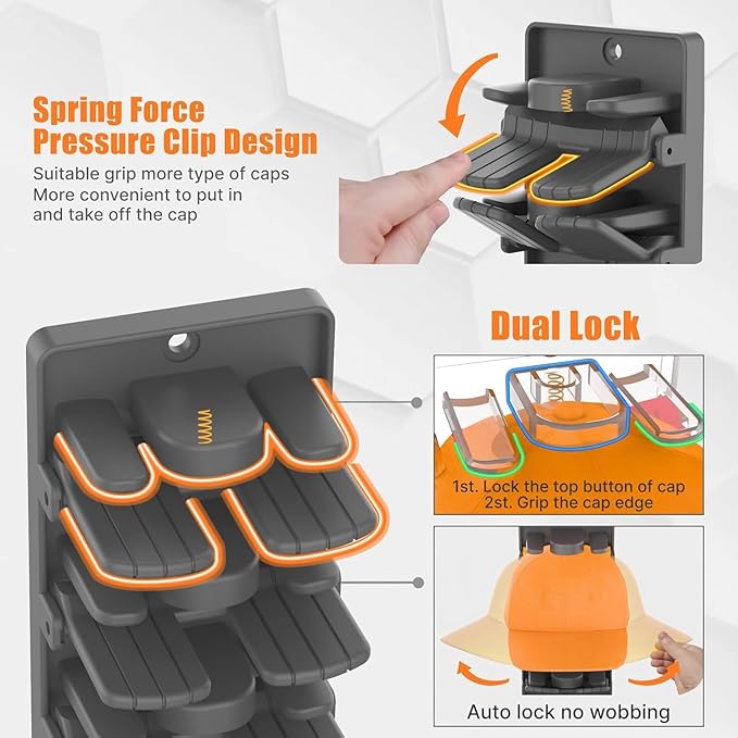 Hat Organizer for Baseball Caps 2 Packs with Built-in Spring Clips - Wall Mount Closet Hat Rack Holder,Storage for Door/Close