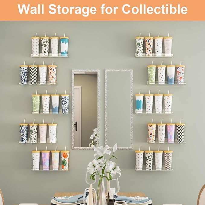 upsimples 10 Pack Acrylic Shelves Wall Organizer and Storage, 15" Display Shelf for Figure, Toy Cars, Perfume, Kids Bookshelf