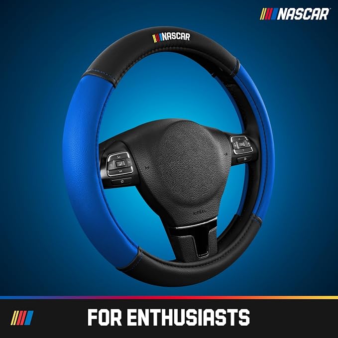 NASCAR Steering Wheel Cover, Two-Tone Blue Leather Patchwork, Universal Fit 14.5"-15.5" Steering Covers for Cars, Anti-Slip, 