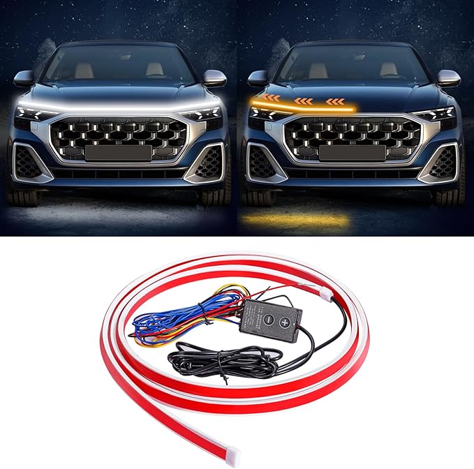 Flexible Car Hood Light Strip, 70 Inches Dynamic LED Daytime Running Lights, White and Amber Switchback Sequential Turn Signal Lights for Car, Truck, SUV