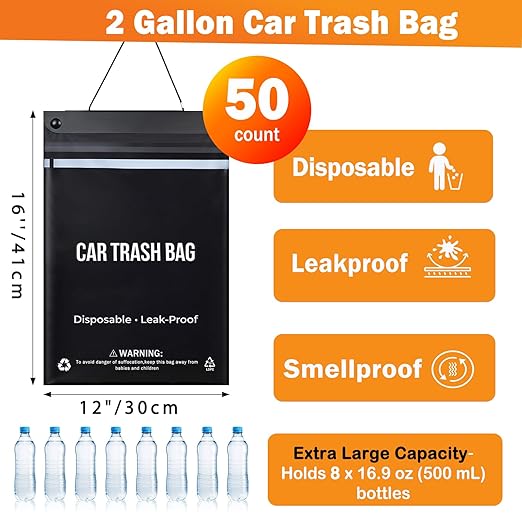 COZILO 50 Count Disposable Car Trash Can Bags, 2 Gallon Heavy Duty Alternative to Bulky Car Trash Can & Garbage Can, Leakproof Smellproof Hanging & Stick-On Garbage Bags for Car SUV Truck