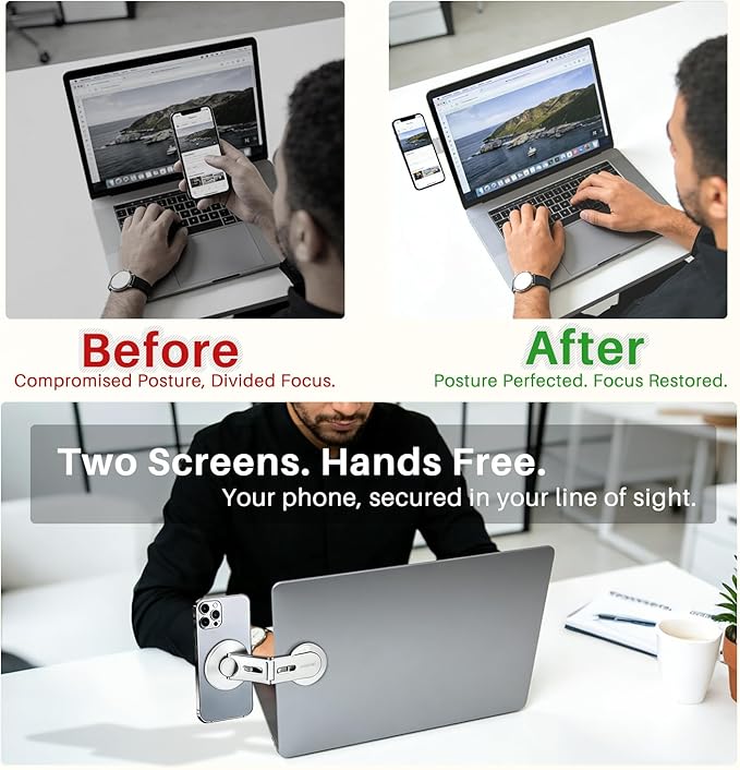 Magnetic Phone Holder for Laptop & Monitor, Foldable Hidden Side Mount, 360° Adjustable Continuity Camera Mount for MagSafe iPhone 12-17 Air Pro Max, Fits for Tesla Model 3/Y, Silver