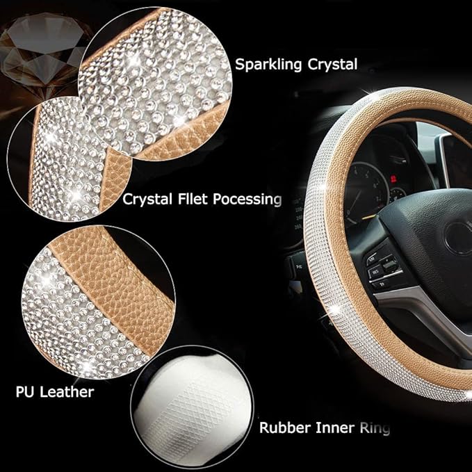 New Diamond Leather Steering Wheel Cover with Bling Bling Crystal Rhinestones, Universal Fit 15 Inch Car Wheel Protector for 