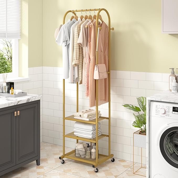 Kaitiemoo Heavy Duty Clothing Rack with Wheels,Modern Garment Rack with 3 Metal Shelves, 71.8Inches Display Rack for Hanging 