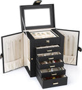 Kendal Jewelry Box, 6-Layer Jewelry Storage Organizer for Necklace Bracelet Rings Watch, 10.2"x8.2"x6" Classic Black PU Leath