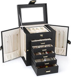 Kendal Jewelry Box, 6-Layer Jewelry Storage Organizer for Necklace Bracelet Rings Watch, 10.2"x8.2"x6" Classic Black PU Leath