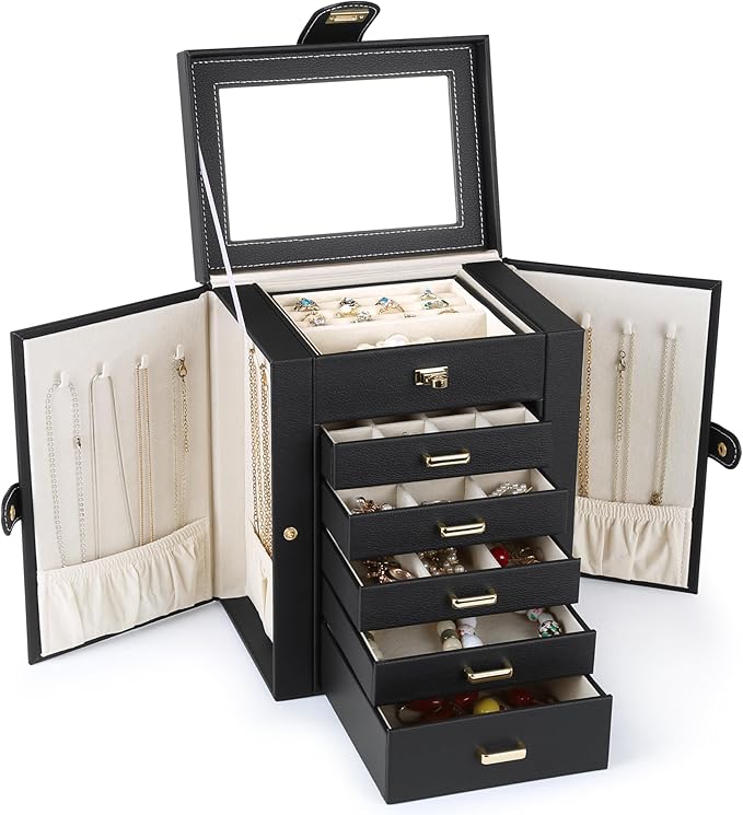 Kendal Jewelry Box, 6-Layer Jewelry Storage Organizer for Necklace Bracelet Rings Watch, 10.2"x8.2"x6" Classic Black PU Leath