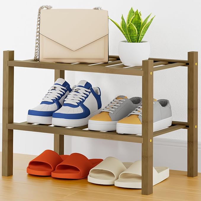 Smiry Shoe Rack, 2 Tier Thick Small Bamboo Shoe Organizer, Stackable Free Standing Wooden Shoe Storage Shelf for Closet, Entr