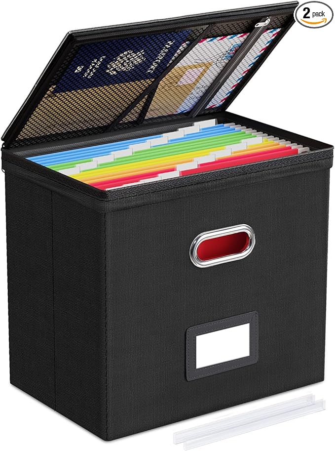 Oterri 1 Pack File Organizer Boxes with Lids, File Box with Mesh Pockets, Document Organizer Box for File Folders Letter Size