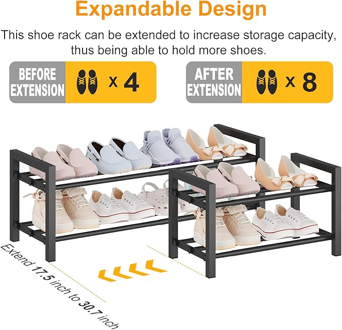 Detsuk 2-Tier Expandable Shoe Rack (17.5"-30.7") – Adjustable Heavy-Duty Metal Shoe Organizer Shelf for Closet, Entryway, Mud
