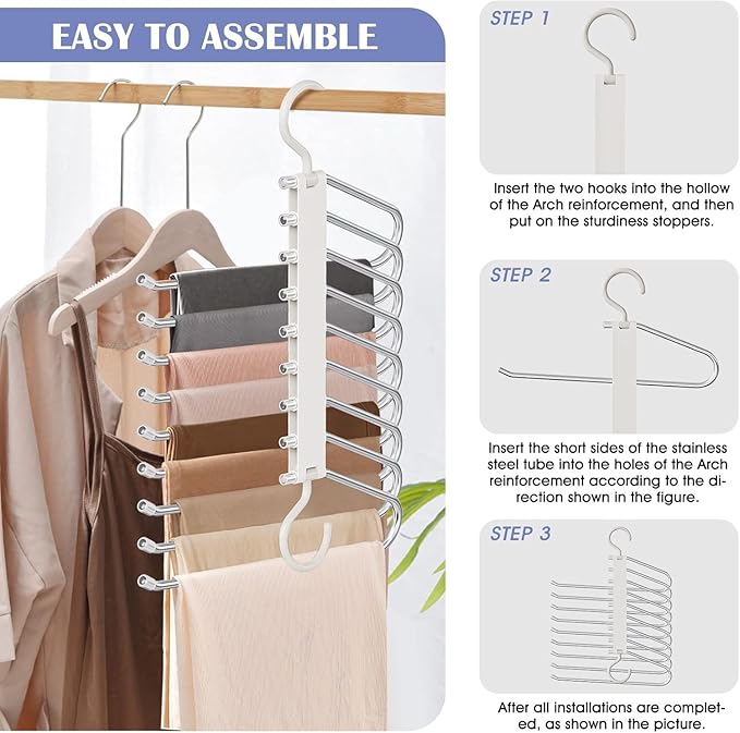 Upgrade 9 Layers Pants Hangers Space Saving, 4 Pack Pant Hangers Organizer Multifunctional Pants Rack Space Saver Closet Orga