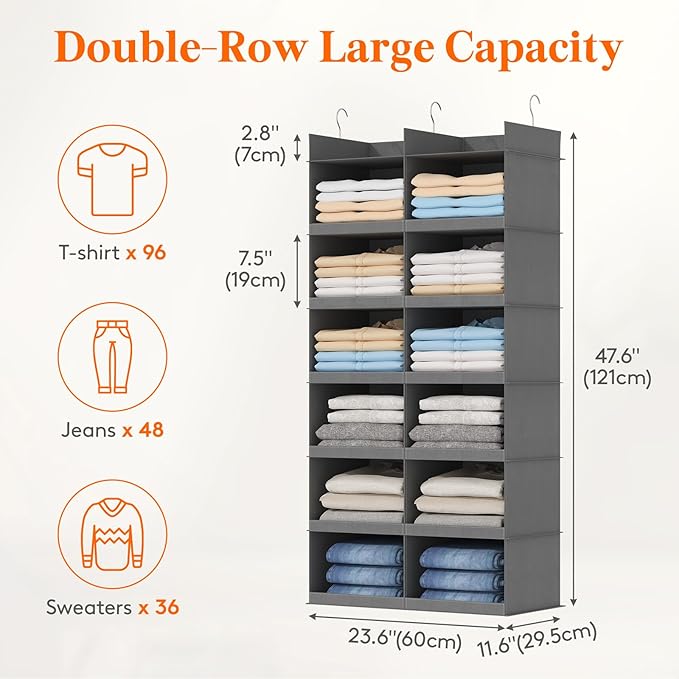 Lifewit Dual-Row 6 Tier Hanging Closet Organizer and Storage, Wide Clothes Storage Shelves with 3 Sturdy Hooks for Clothing O