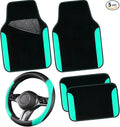 CAR PASS Faux Leather Steering Wheel Cover and Waterproof Car Floor Mats,Universal Car Combo Fit for 95% Sedan,SUV,Cars,14.5-15inch Sporty Anti-Slip Safety Comfortable Design(Black＆Mint)