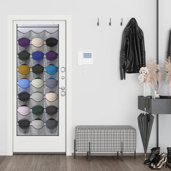 Unjumbly Baseball Hat Rack, 24 Pocket Over-The-Door Hat Organizer with Clear Deep Pockets to Display Baseball Caps Collection