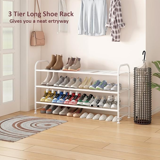LINZINAR Shoe Rack Long 3 Tier Shoe Storage Organizer Metal Wide Shoe Shelf for Closet Entryway Bedroom 24 Paris Large Capaci