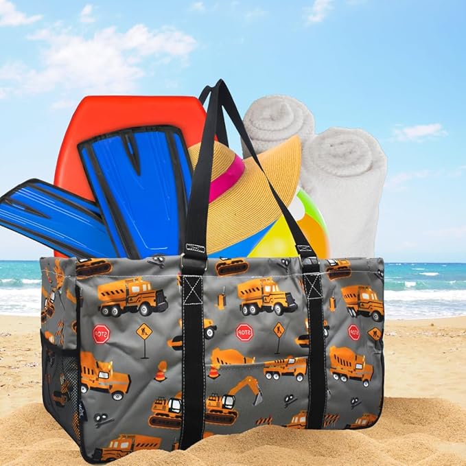 NGIL Extra Large Utility Tote Reusable Grocery Bag Oversized Collapsible for Groceries, Storage, Picnic, Beach (Construction Trucks-black)