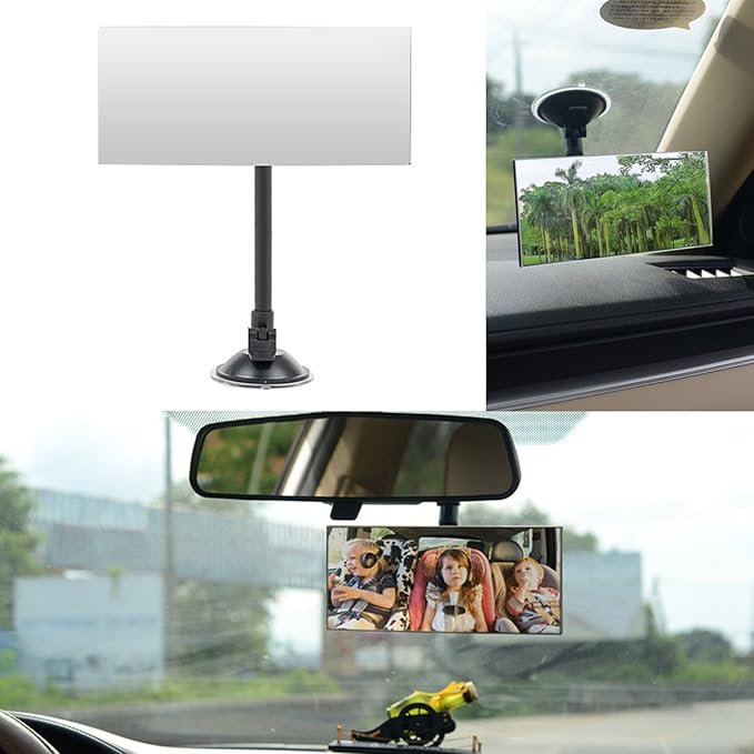 Suction Cup Baby Car Mirror, Ampper Adjustabe Long Arm HD Glass Convex Wide Angle Interior Rearview Baby Rear Facing Mirror (Frameless Rectangle, Large, 6.7" X 2.9")