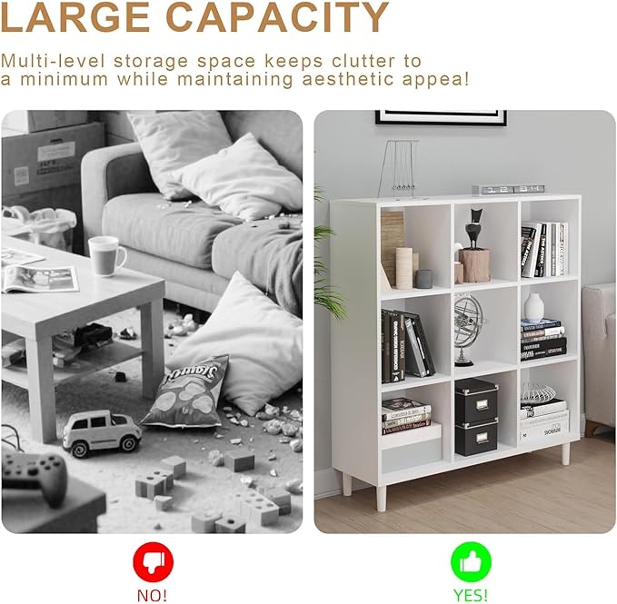 9 Cube Storage Organizer | White Bookshelf|3 Shelf Bookcase |Long Bookshelf| -Cubic Storage Cabinet（Storing Books,Toys & More