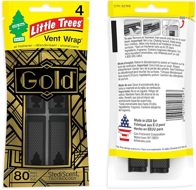 LITTLE TREES Car Air Freshener | Vent Wrap Provides Long Lasting Scent, Invisibly Fresh | 16 Air Fresheners | Gold