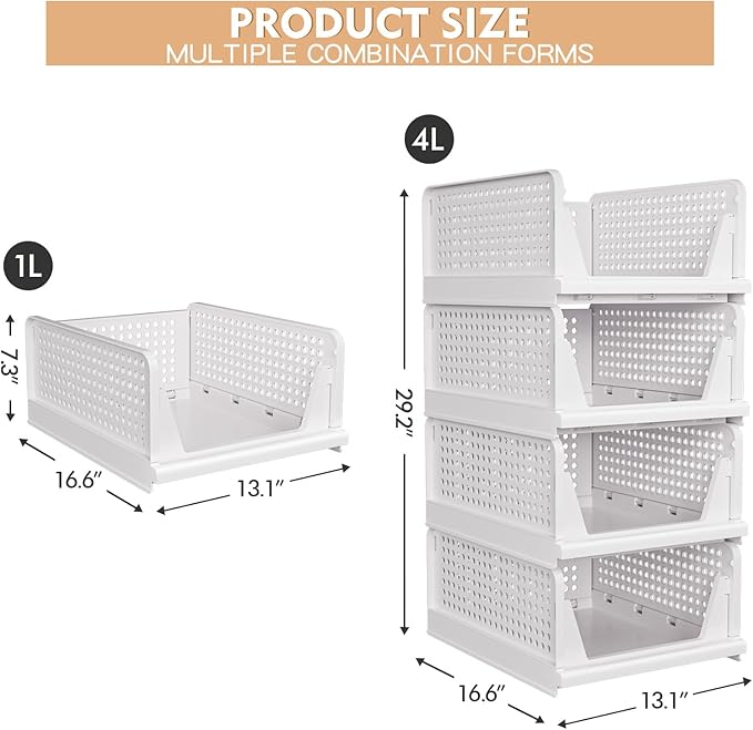 4 Pack Stackable Closet Storage Basket - Stackable Storage Bins, Multifunctional & Foldable Closet Organizer Divided, Wardrob