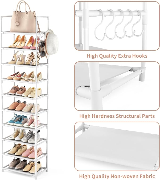 LANTEFUL 10 Tiers Tall Shoe Rack 20-25 Pairs Boots Organizer Storage Sturdy Narrow Shoe Shelf for Entryway, Closets with Hook