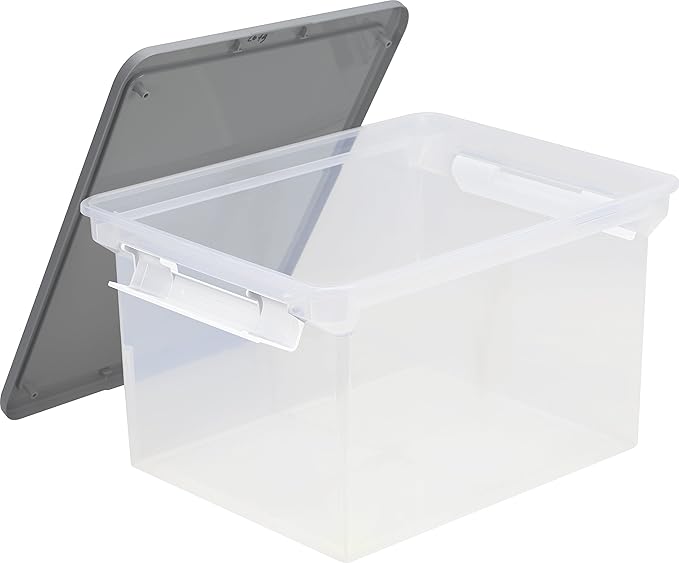 Storex Portable File Tote with Locking Handles, Letter/Legal Files, 18.5" X 14.25" X 10.88", Clear/Silver