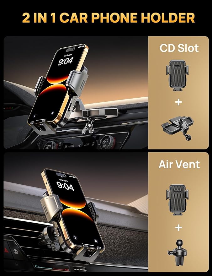 CD Phone Mount, Car Phone Holder & Air Vent Clip [Thick Cases Friendly], 360° Adjustable Universal Phone Mount for Car CD Slot Mount for iPhone & Android Cell Phones (Black + Vent Clip)