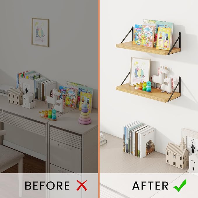 Book Shelf for Wall, Oak Shelf, Floating Shelves with Brackets, 16 inch Wall Shelves Set of 3, Particle Board Shelving for Ki