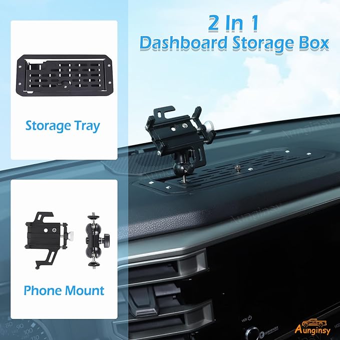 Aunginsy Center Console Dash Storage Organizer Tray Compatible with Toyota Tundra/Sequoia 2022-2026, Car Dashboard Multi-Functional Phone Holder Storage Box Insert with Mobile Phone Mount Accessories