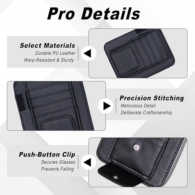 2 PCS Car Sun Visor Organizer, Sunvisor Organizers with Sunglass Holder & Card Sleeve Pocket, Leather Car Sunglass Holder for Most Vehicle of Trucks, SUVs, Black