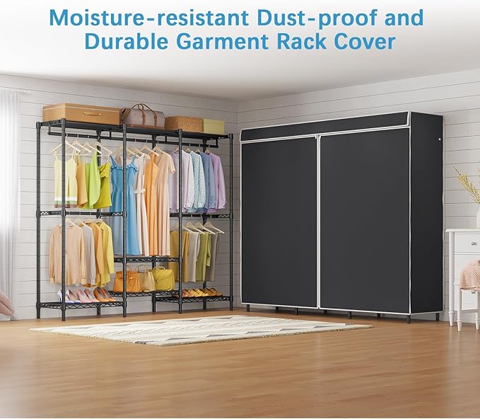 VIPEK V5C SE Garment Rack Wardrobe Closet, Heavy Duty Clothes Rack with Adjustable Shelves and Black Cover, Black Metal Close