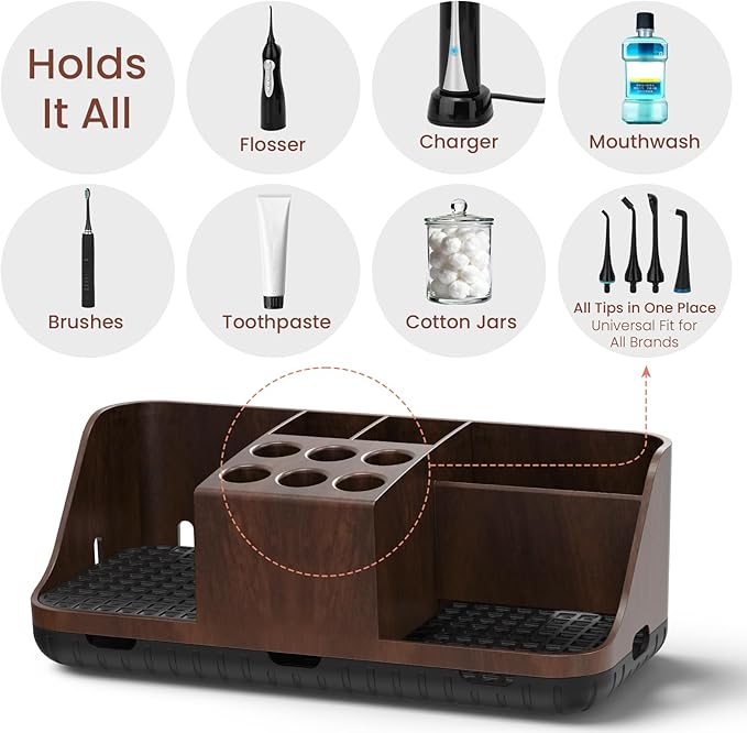 Boperzi Bathroom Counter Organizer for Vanity & Sink Storage: Detachable Electric Toothbrush and Toothpaste Holder, Water Flo