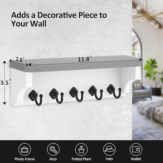 Nekon Key Holder for Wall, 11.8" W x 3.5" H x 2.8" D Decorative Key Organizer with Floating Shelf, Wall Mount Key Rack with 5