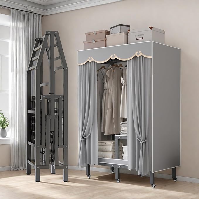 Foldable Portable Closet Wardrobe On Wheel, Load 2000lbs, Portable Wardrobe Closet, Heavy Duty Clothes Rack, Garment Racks fo