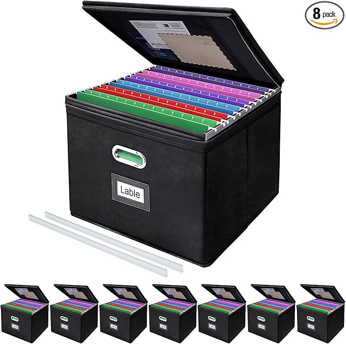 8 Pack File Organizer Boxes with Lids, Collapsible Document Storage Bin with Mesh Pockets & Zipper, Fits Letter/Legal Size Fo