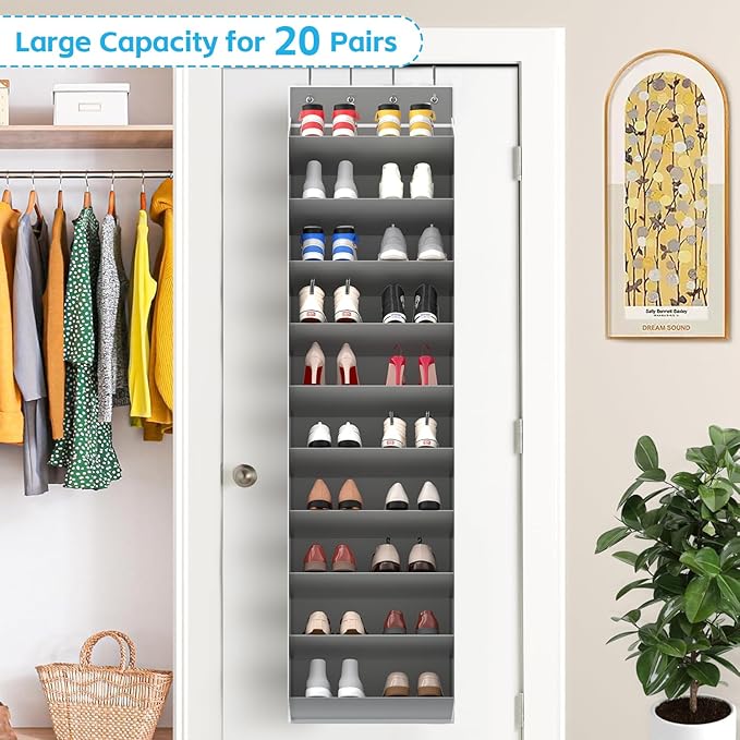 REGELETO 10 Tiers Large Size Over Door Shoe Organizer Storage, Hanging Shoe Rack for Door with Deep Pockets, Fit 20-30 Pairs 