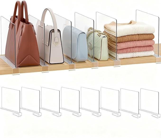 Purse Organizer for Closet Shelf Dividers: 8-Pack Adjustable Clear Acrylic Bag Storage Organizer for Handbags, Sweaters, Towe
