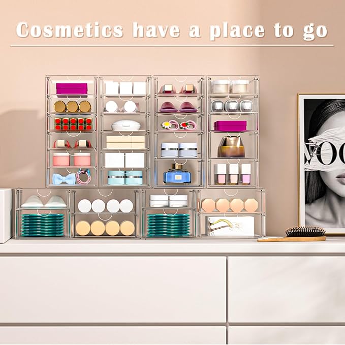ARSTPEOE 30 Drawers, Acrylic Desk Makeup Organizer, Plastic Drawers Organizer, Stackable Storage Solution for Makeup, Dresser