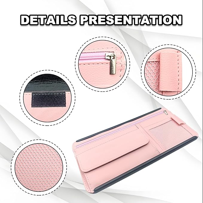 Car Sun Visor Storage Bag, Soft Leather Surface Organizer, Scratch-Resistant Auto Sunshade Organizer Bag, Can Store ID Card, Eyeglasses, Pen, Driving License etc (Pink)